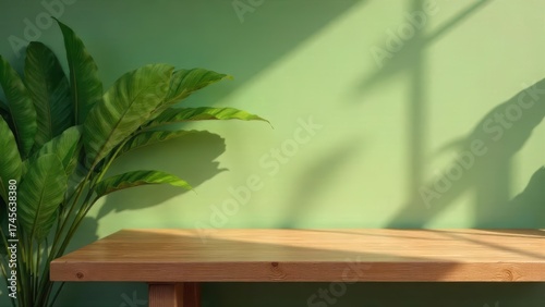 Serene Wooden Tabletop Display with Lush Greenery and Gentle Sunlight Shadows on a Pastel Green Wall