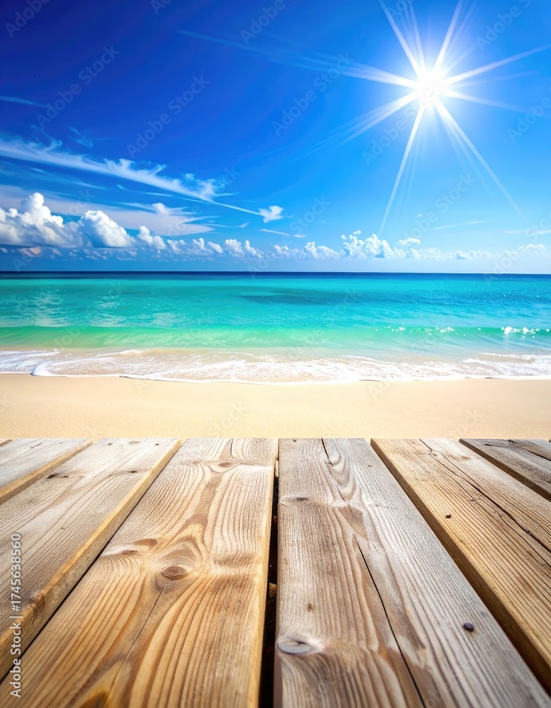 Fototapeta premium Sandy beach, turquoise water, bright sun, and wooden boardwalk in tropical paradise