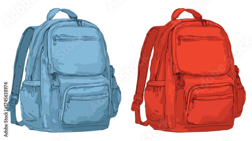 Modern Blue and Red Backpack Isolated on White Background Vector Illustration