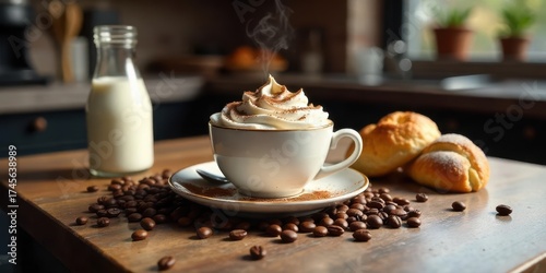 Wallpaper Mural Aromatic Coffee with Whipped Cream and Cinnamon, Served with Freshly Baked Pastries and a Bottle of Milk on a Rustic Wooden Table Torontodigital.ca