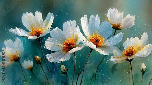 Vibrant Impasto White Cosmos Flowers Oil Painting