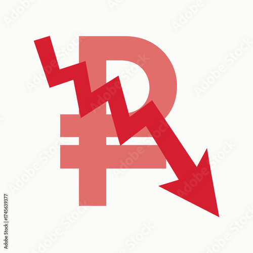 Russian Ruble symbol with red downward trending arrow Keywords: russian ruble, ruble symbol, currency.