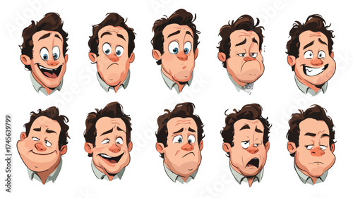 Cartoon Man Faces: Happy, Smiling, Laughing, Sad Expressions Vector Illustration