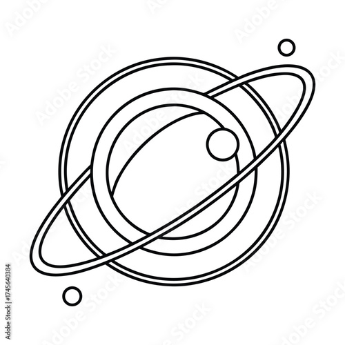 Stylized outline drawing of a ringed planet with moons orbiting in space