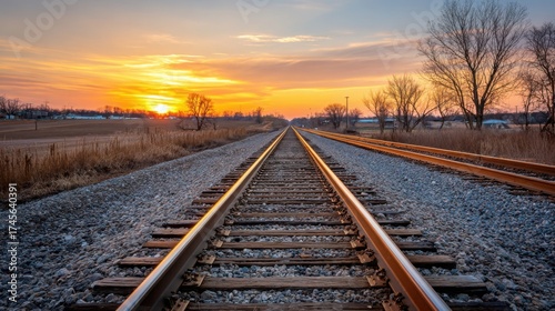 empty train tracks leading into horizon, golden sunset, hope and movement, simple and emotional
