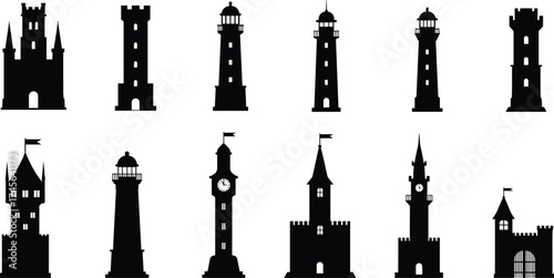 Architectural tower silhouettes, medieval castles, lighthouses, clock towers, spires, turrets, historic architecture, fortress towers, urban landmarks, heritage structures, architectural design elemen