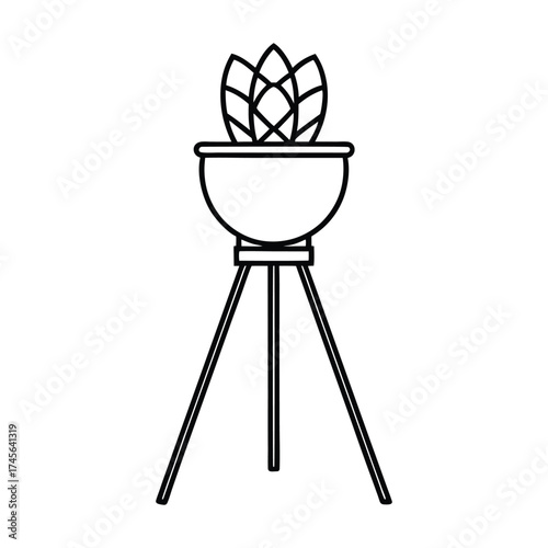 Simple line art illustration of a potted plant on a tripod stand in a minimalist style