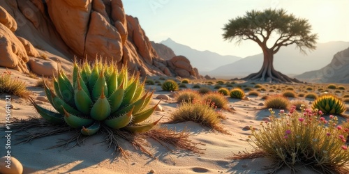 Arid Landscape Featuring a Thriving Succulent Plant and Ancient Tree Under a Golden Sunrise