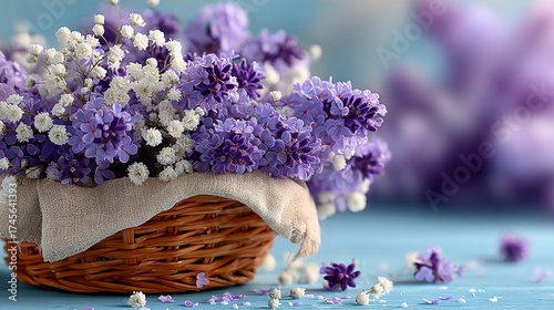 Fresh Purple Lilac and Gypsophila Bouquet in Basket