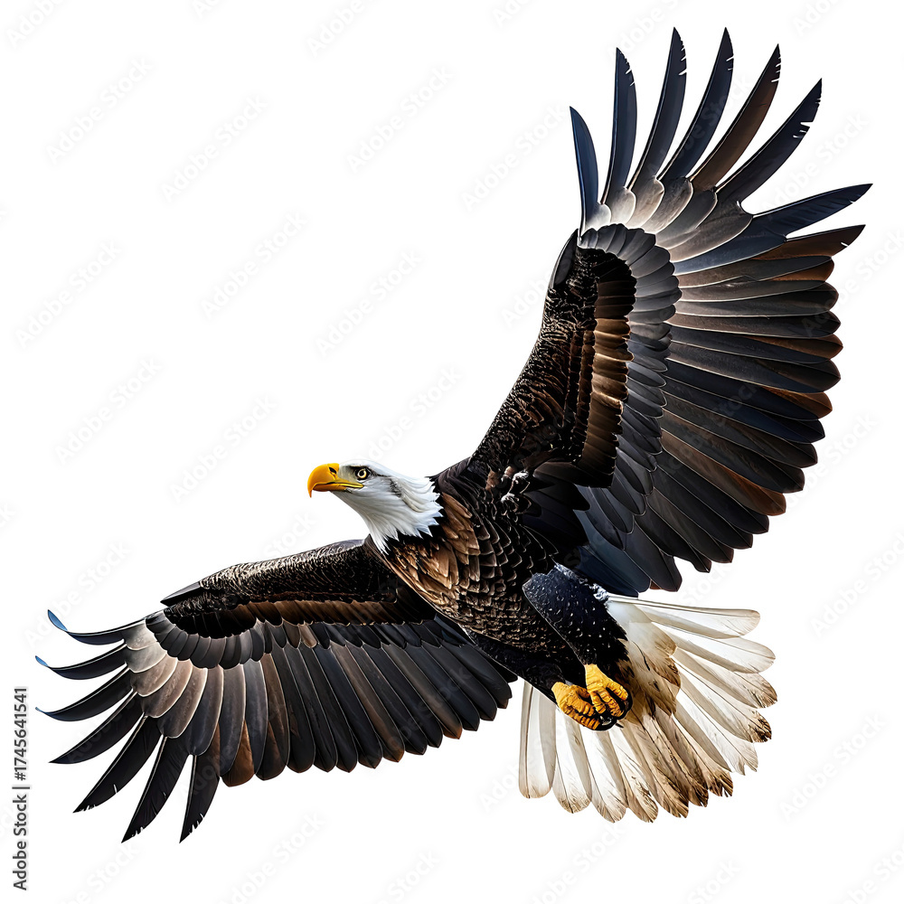 Naklejka premium A majestic eagle in flight, wings fully extended, isolated on a black background