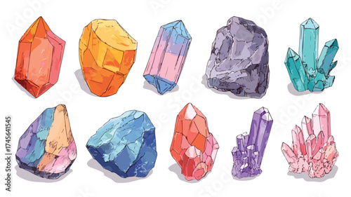 Vibrant Gemstones, Crystals, Rocks, Minerals Collection Vector Illustration
