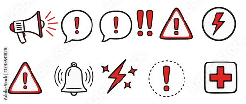 Alerting doodles of warning signs and symbols, perfect for catching attention and conveying important messages in a creative and playful way