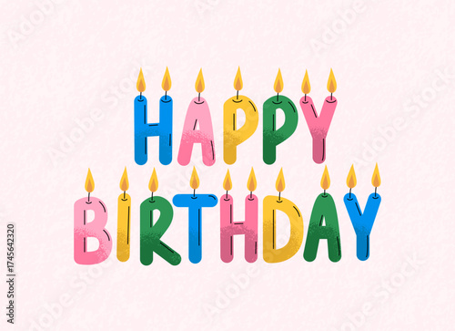 Happy birthday greeting card with colorfull candles, confetti on abstract cake. Hand drawn illustration. Vector cute background.
