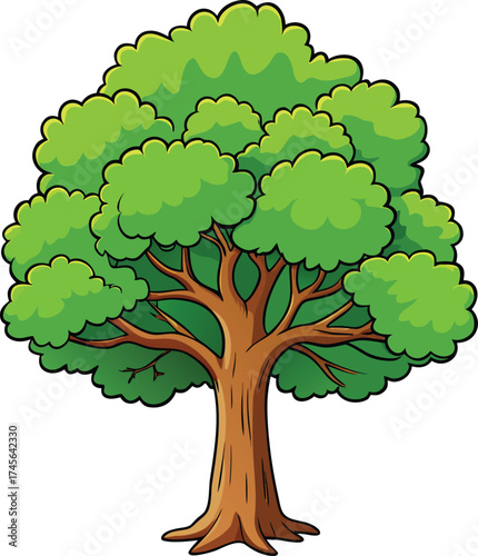 Vibrant cartoon tree with lush green foliage and sturdy brown trunk