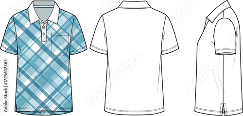 Men’s short sleeve plaid polo shirt front back side views with chest pocket, collar button placket fashion flat sketch, technical apparel drawing, cad drawing flat vector illustration