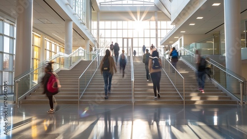Blurred students in motion through a bright, spacious school atrium with large windows and wide stairs, bathed in morning sun.