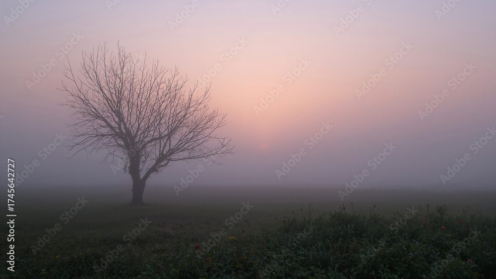 Obraz premium Bare Tree at Sunrise Through a Thick Mist