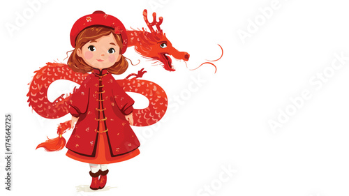 Adorable Chinese Girl in Red Dress with Dragon in Traditional Setting