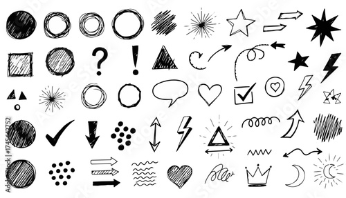 Doodle collection with hand drawn sketch design elements for creative projects or presentations, adding a playful touch to any digital canvas