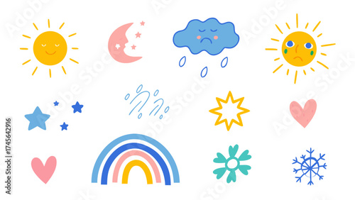Weather and emotion icons. Comic emotion elements, hand drawn expressive symbols. Vector set.
