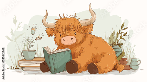 Adorable Highland Cow Calf Reading Book - Farm Animal Illustration
