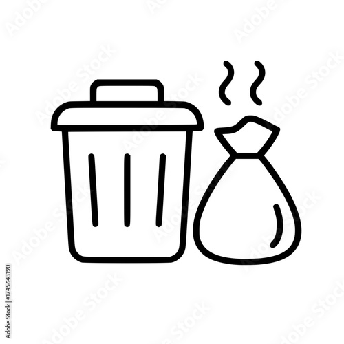 Isolated trash bin and stinky garbage bag line icon
