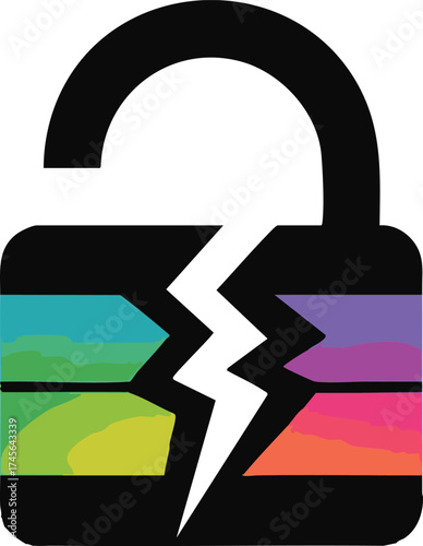 Cracked Open Lock with Rainbow Colors, Symbolizing Freedom and Breaking Barriers