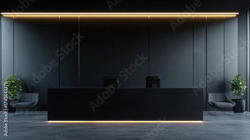 Sleek black reception counter mockup with LED strip lighting modern interior design lobby contemporary visitor corporate business workspace decor