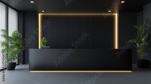 Sleek black reception counter mockup with LED strip lighting modern interior design lobby contemporary visitor corporate business workspace decor