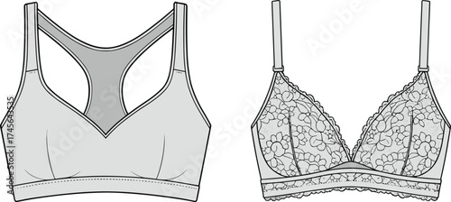 Bra, sports bra, lace bra, racerback bra, lingerie, women’s bra, fashion bra, stylish lingerie, apparel design, clothing template