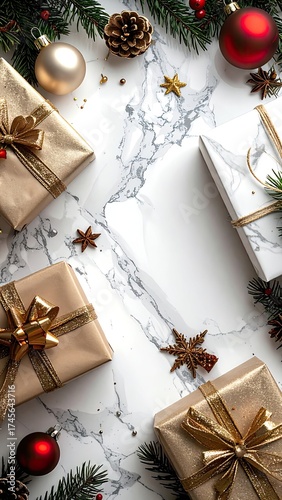 Christmas presents on marble, adorned with ornaments and fir