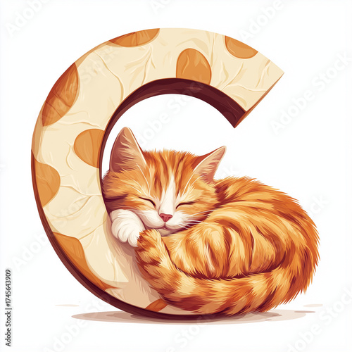 Modern capital C in sans serif font with playful kitten curled up inside the letterform, pure white backdrop, vector art illustration, crisp lines, no drop shadows or gradients