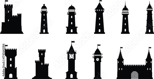 Castle tower silhouettes, medieval fortresses, lighthouses, clock towers, turrets, battlements, spires, historic architecture, fortress buildings, heritage landmarks, architectural design elements