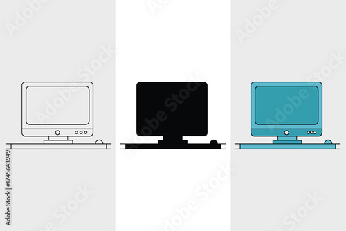 computer monitor and desktop computer with blank screen vector illustration