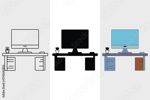 vector illustration of office desk with computer and workspace setup