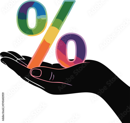 Percentage symbol on hand with holding a colorful rainbow for upcoming Black Friday, 2025