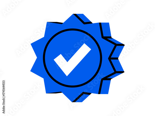 Hand drawn cute illustration of verification check mark. Flat vector success badge symbol doodle. Correct choice. Social media icon. Accept or confirm. Approval tick. Isolated.
