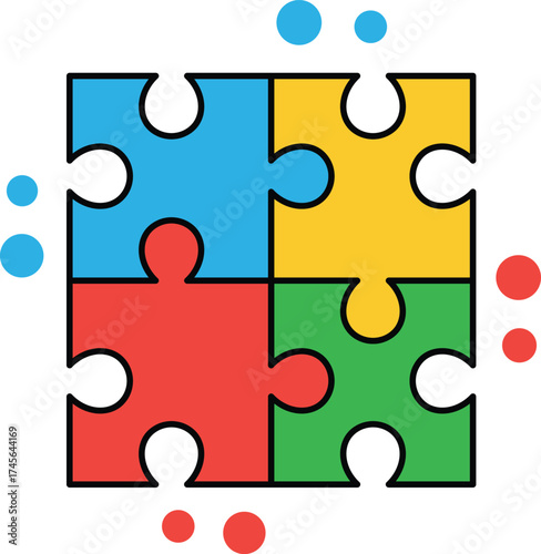 Four colorful puzzle pieces connected with scattered dots jigsaw connection