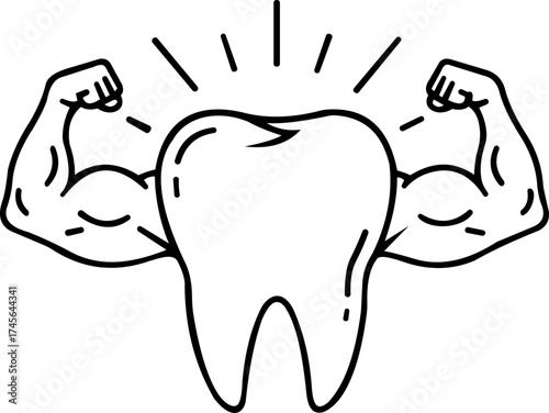 Vector art of a cartoon illustration of a strong tooth flexing its biceps, symbolizing dental health and strength