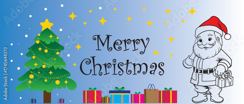 Merry Christmas web banner with Santa Claus, gift box item, snowflakes, and green pine branches. Horizontal posters, greeting cards, website, headers and cover design. Vector illustration.