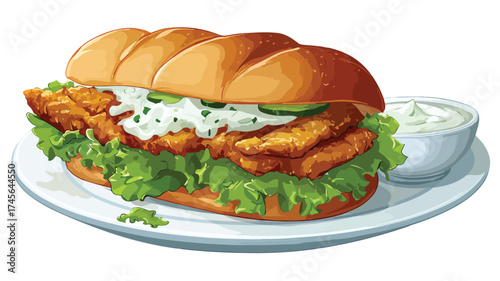 Delicious Crispy Fried Fish Sandwich on a Plate Served with Tasty Tartar Sauce