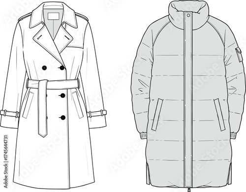 Coat, trench coat, parka, padded coat, winter coat, fashion outerwear, men’s coat, women’s coat, apparel design, garment illustration