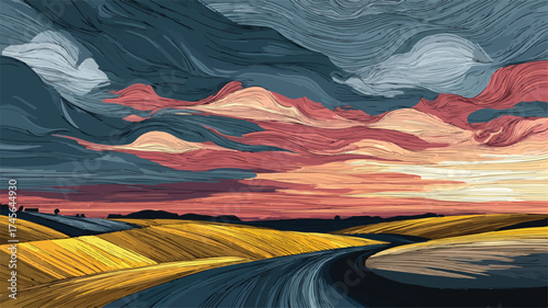 Stunning Sunset Sky and Rolling Fields Landscape Vector Illustration