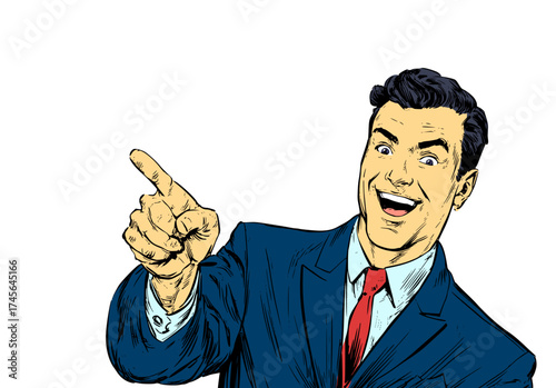 Businessman in blue suit confidently pointing finger for directing attention, leadership, and successful decision making in cartoon pop art illustration style
