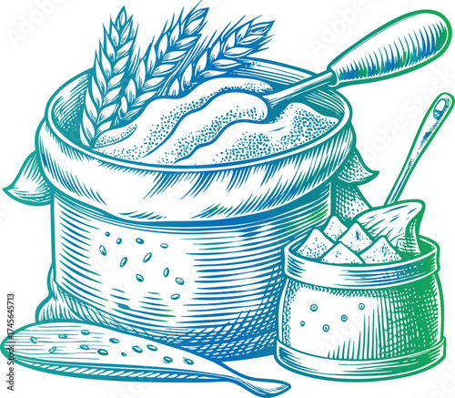 A colorful vector illustration of a happy birthday cake and a set of kitchen utensils for a sweet celebration party