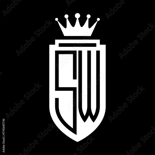 SW Vector logo initials shield with royal crown minimalist, elegant style