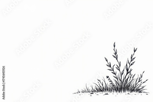 A simple black and white illustration of tall grass and slender trees in the corner of the picture evokes the simplicity and tranquility of nature.