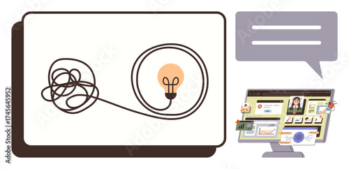 Tangled line leading to light bulb on board alongside a computer monitor with documents and chat box. Ideal for innovation, problem-solving, creativity, brainstorming, organization, teaching, digital