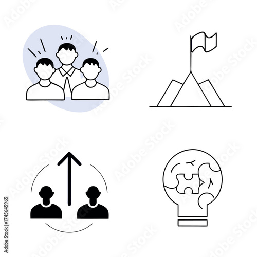 Teamwork, collaboration, goal achievement, and creative problem solving line icons set