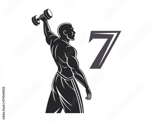 Silhouette of a strong man performing an overhead dumbbell press, next to a bold stylized number seven
